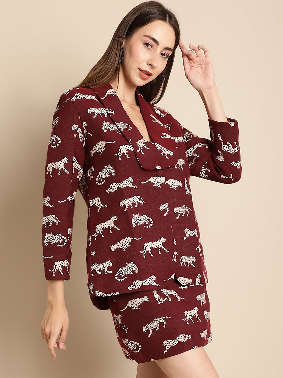 Blanc9 Maroon Tiger Patterned Coat With Skirt Co-Ord Set