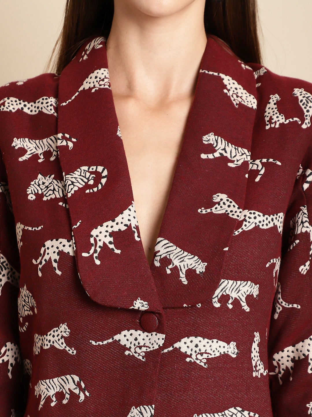 Blanc9 Maroon Tiger Patterned Coat With Skirt Co-Ord Set