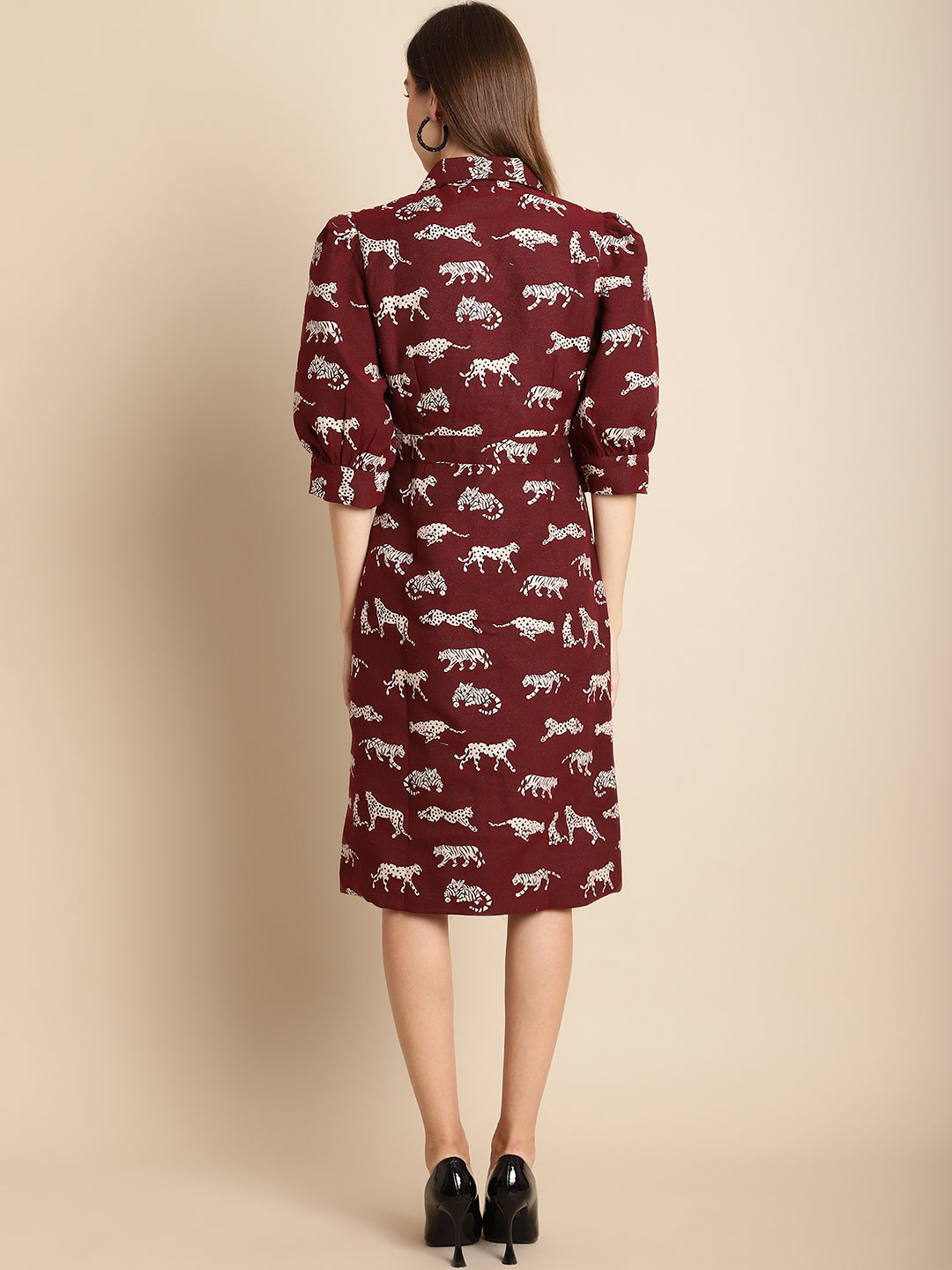 Blanc9 Maroon Tiger Patterned Jacquard Dress-B9DR02