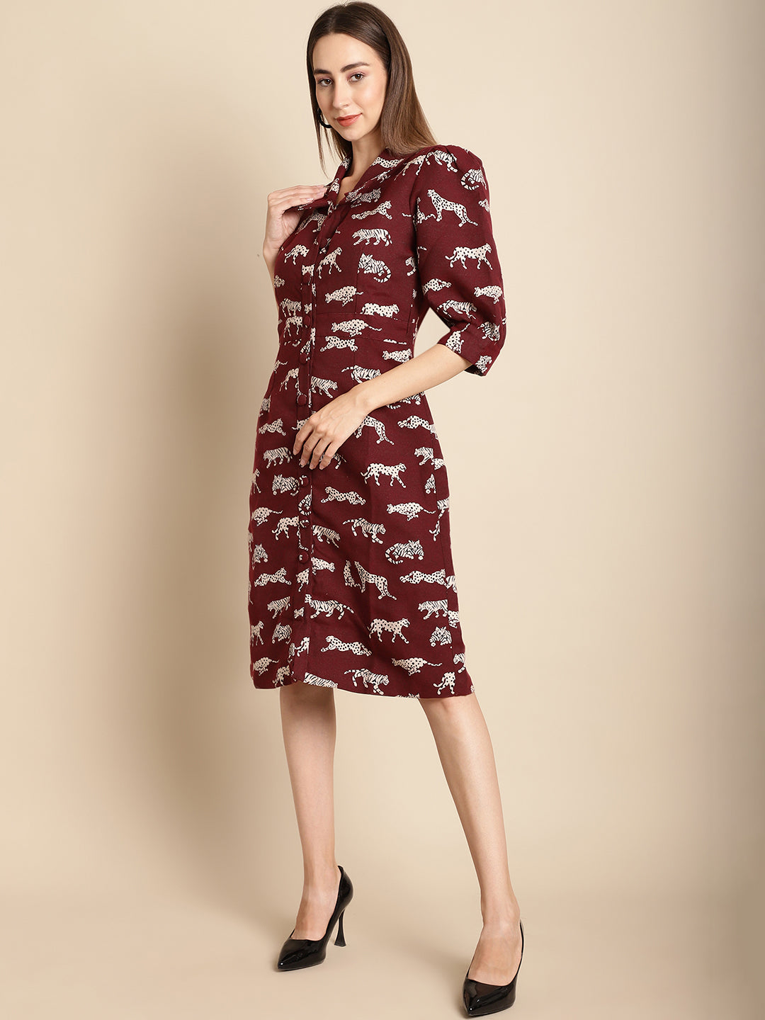 Blanc9 Maroon Tiger Patterned Jacquard Dress-B9DR02