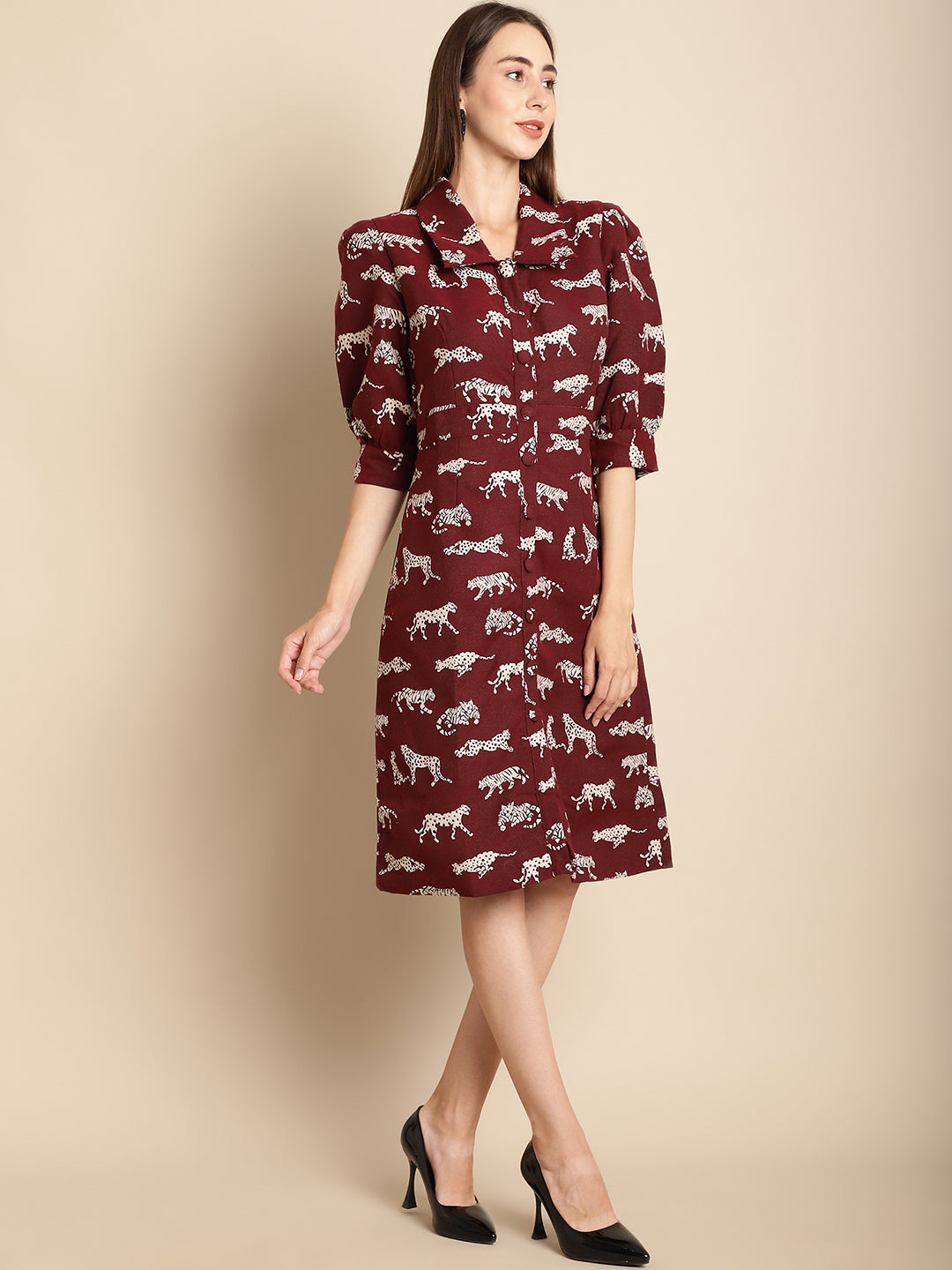 Blanc9 Maroon Tiger Patterned Jacquard Dress-B9DR02