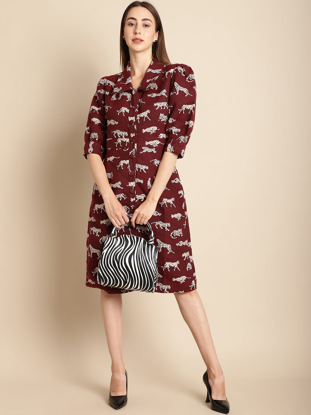 Blanc9 Maroon Tiger Patterned Jacquard Dress-B9DR02