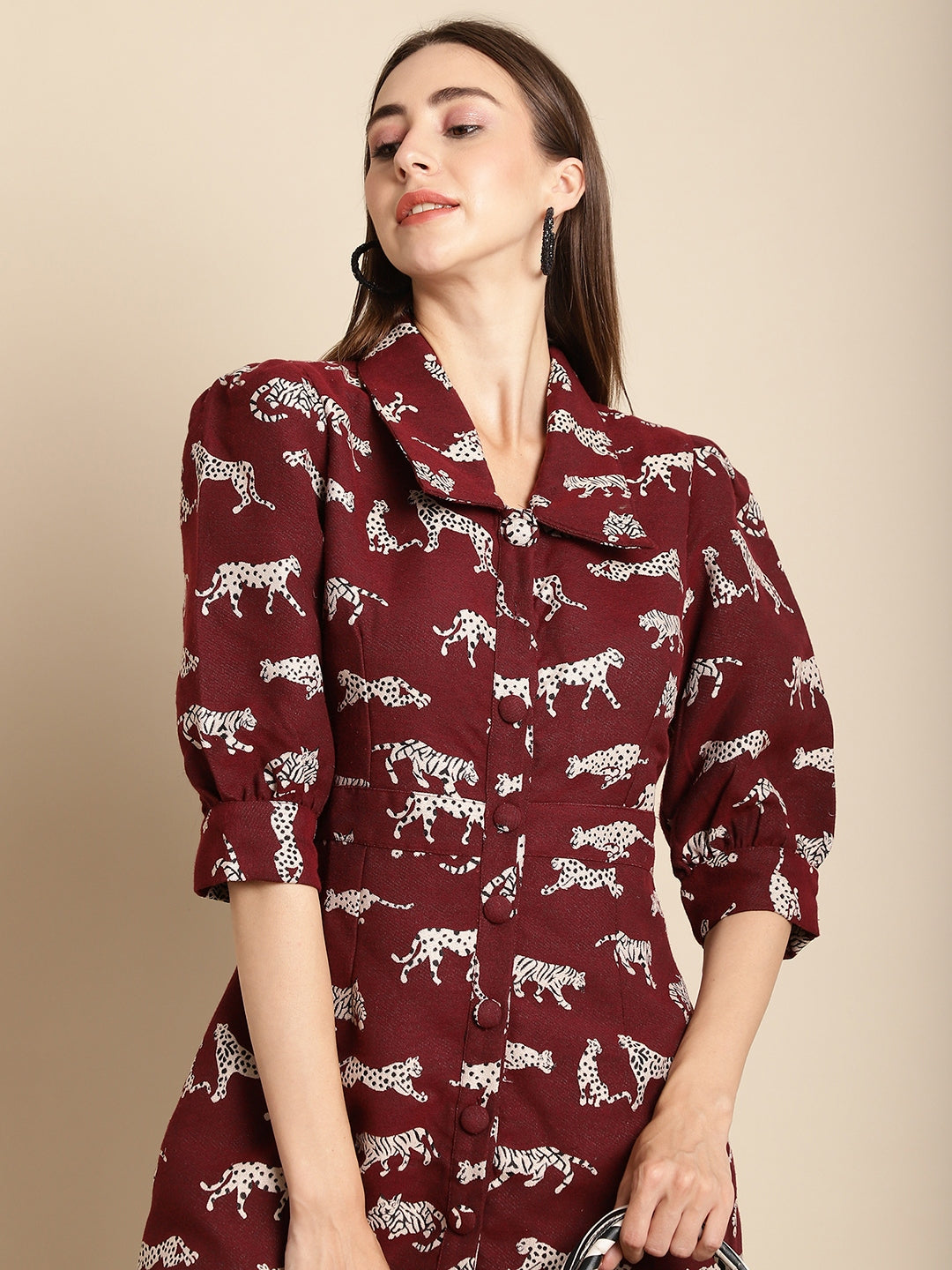 Blanc9 Maroon Tiger Patterned Jacquard Dress-B9DR02