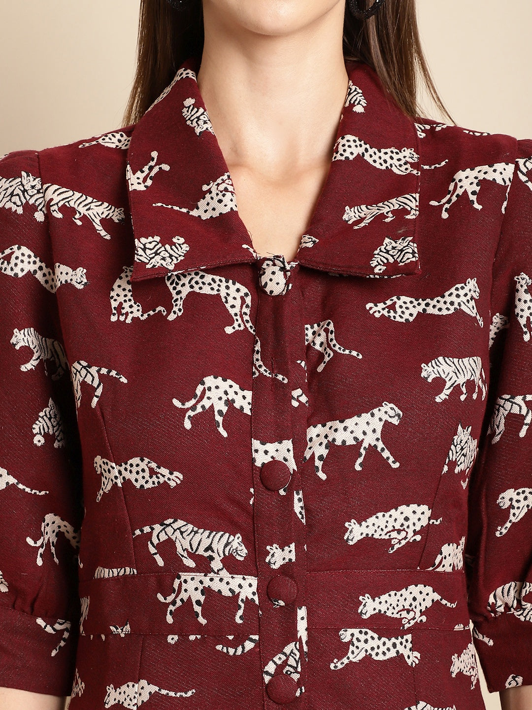 Blanc9 Maroon Tiger Patterned Jacquard Dress-B9DR02