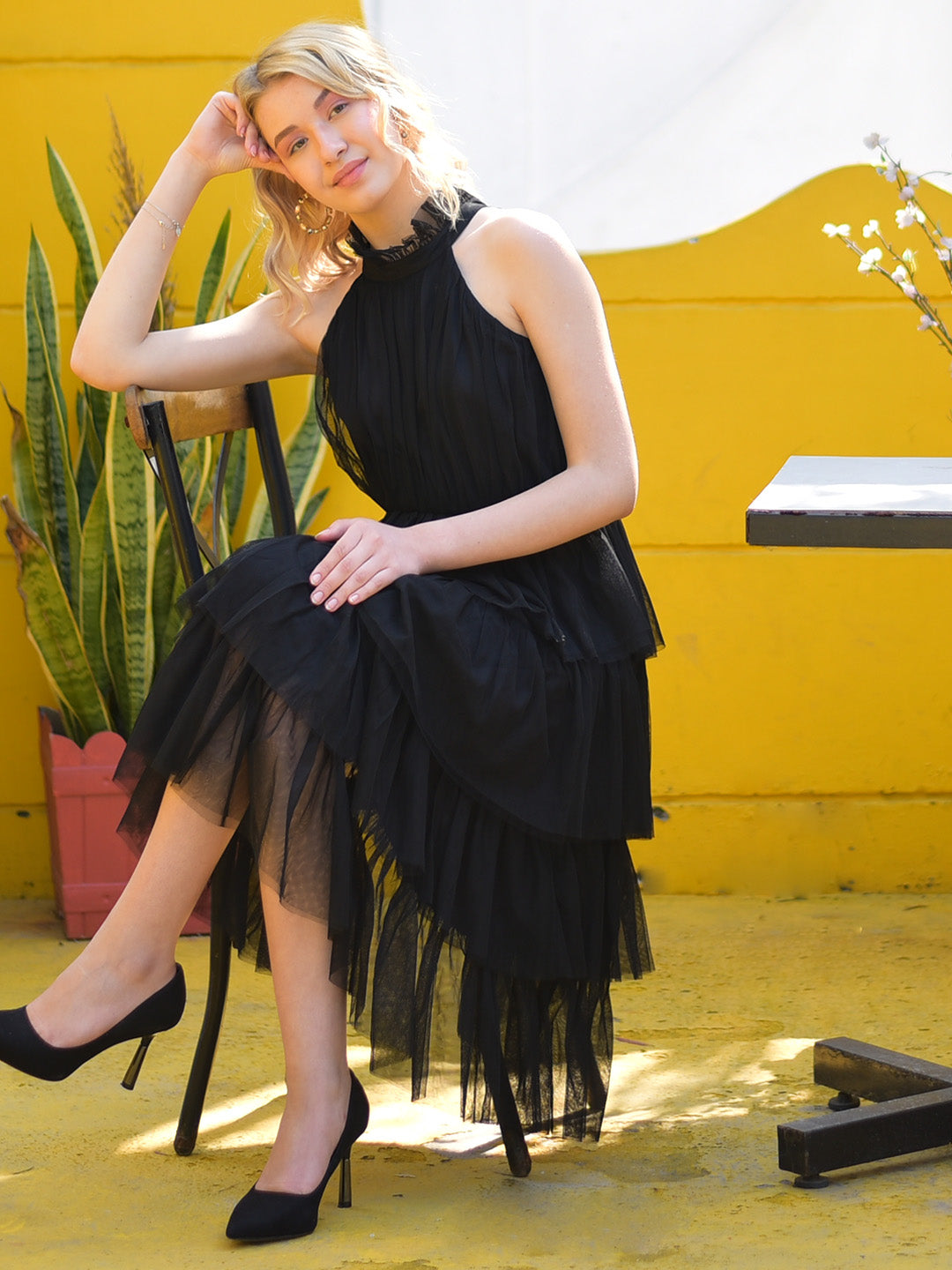 knee length dresses for ladies Sheer Lace Layering Dress in Black – Modern Millie main image 1