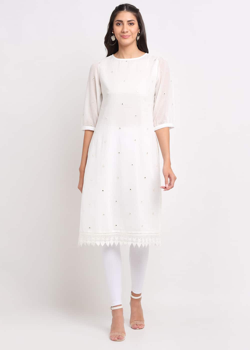 Blanc9 Mirror Work Embroidered White Kurti-B9EW28