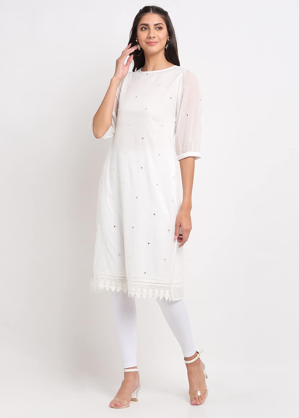 Blanc9 Mirror Work Embroidered White Kurti-B9EW28