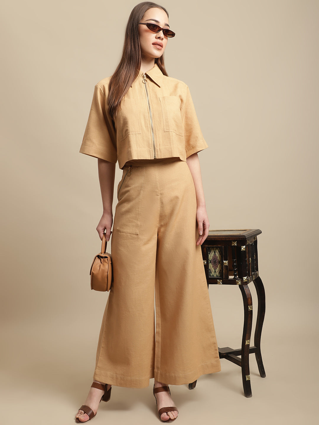 Blanc9 Mustard Crop Shirt With Long Trouser Co-Ord Set-B9ST101