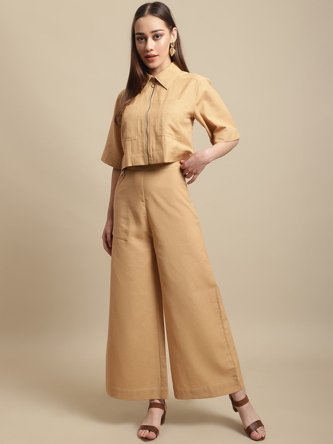 Blanc9 Mustard Crop Shirt With Long Trouser Co-Ord Set-B9ST101