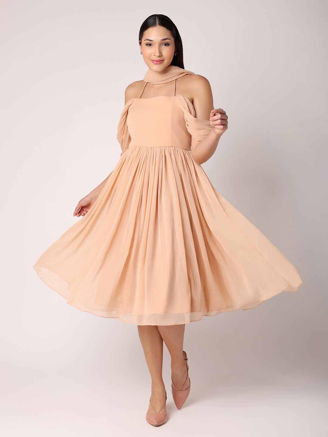 Nude Peach Dress With Drape Over Neck Nude Peach Dress With Drape Over Neck
