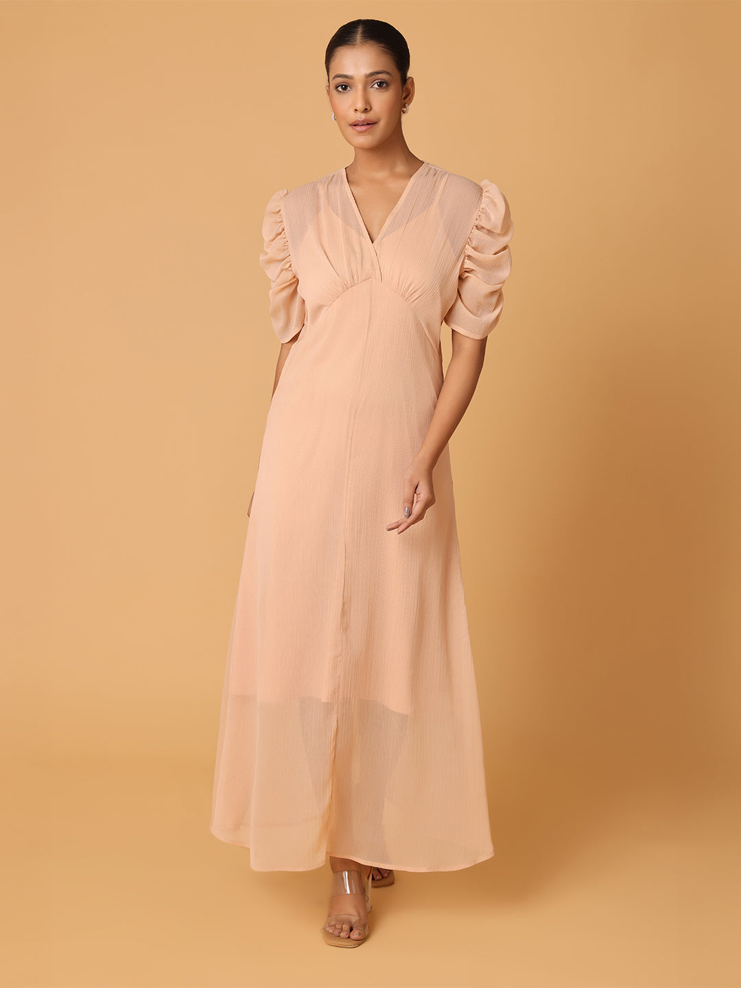 Nude Peach Puffed Cowl Sleeves Dress