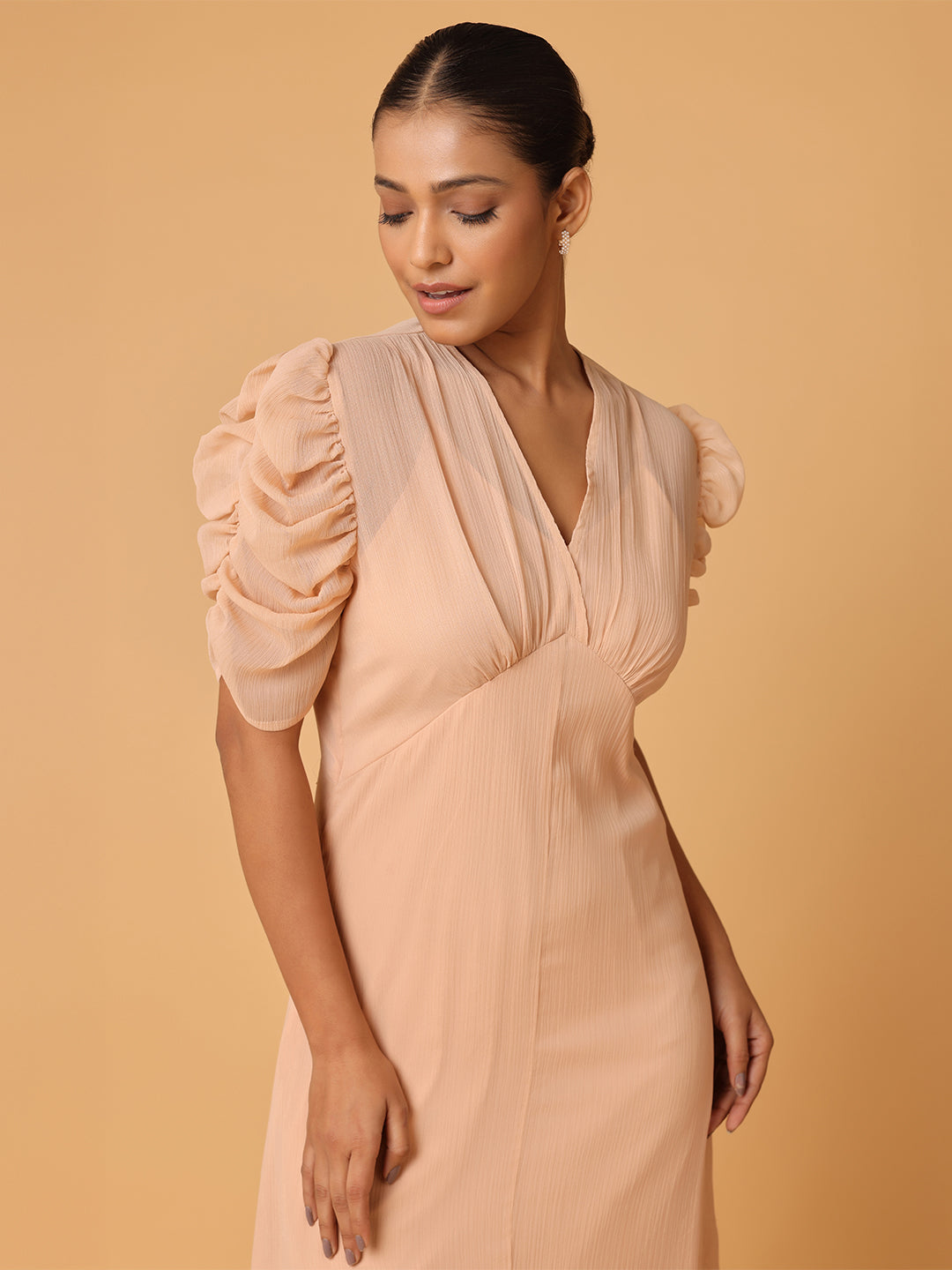 Nude Peach Puffed Cowl Sleeves Dress