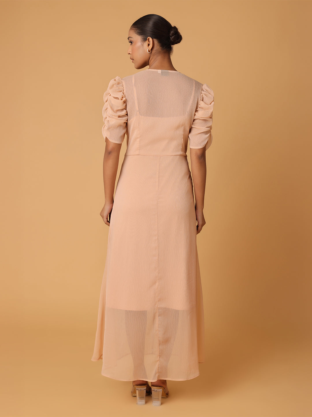 Nude Peach Puffed Cowl Sleeves Dress