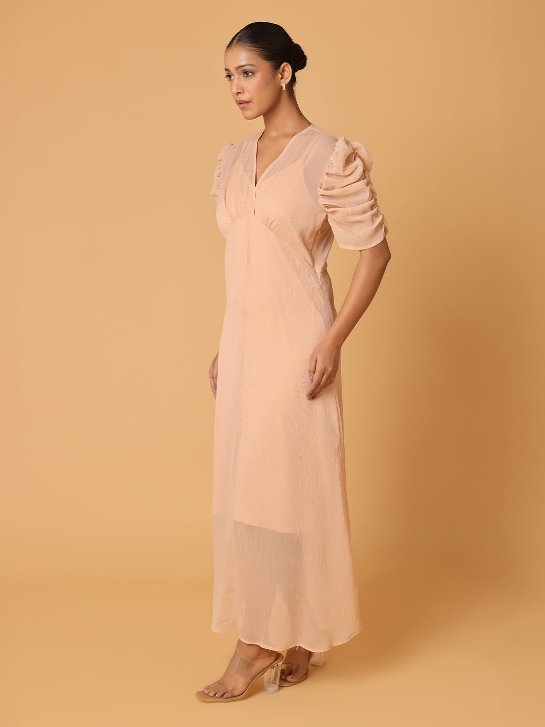 Nude Peach Puffed Cowl Sleeves Dress