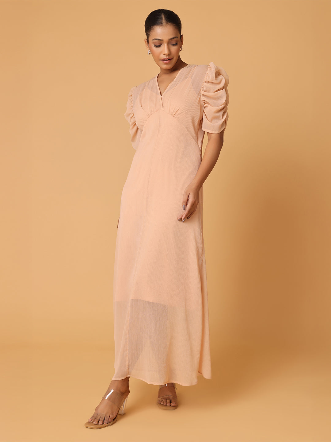 Nude Peach Puffed Cowl Sleeves Dress