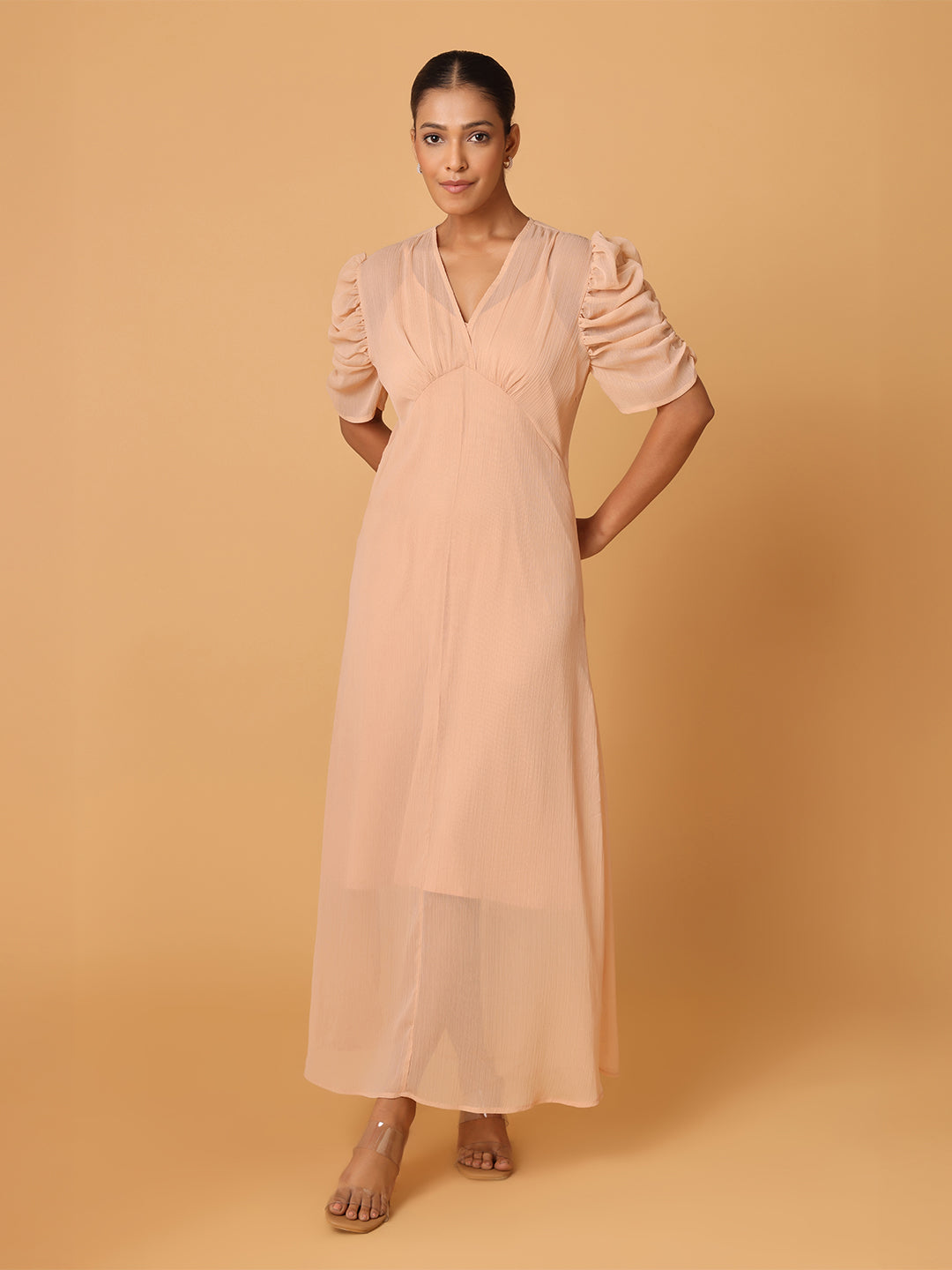Nude Peach Puffed Cowl Sleeves Dress