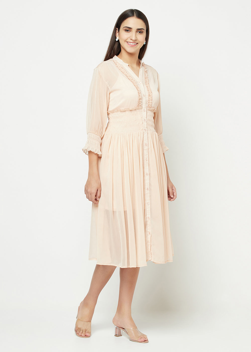 Blanc9 Nude Chiffon Smocking Dress