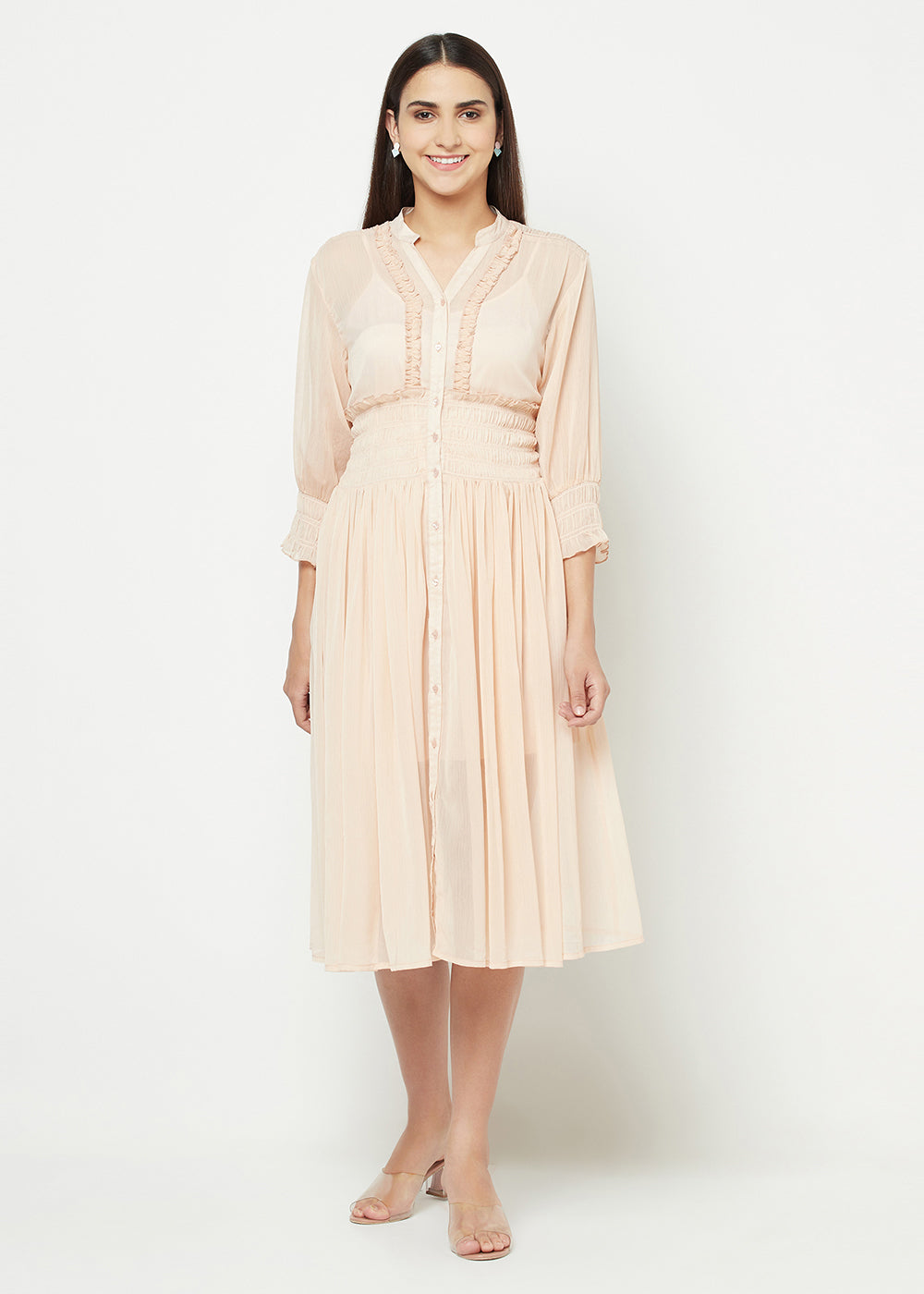 Blanc9 Nude Chiffon Smocking Dress