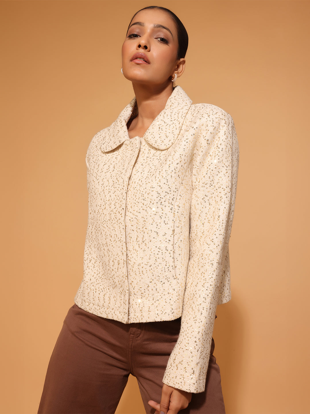 Blanc9 Off-White Jacket With Gold Sequins