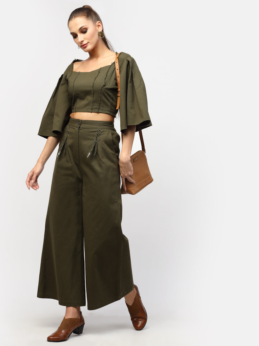Blanc9 Olive Green Fray Style Cotton Co-Ord Set-  B9ST65