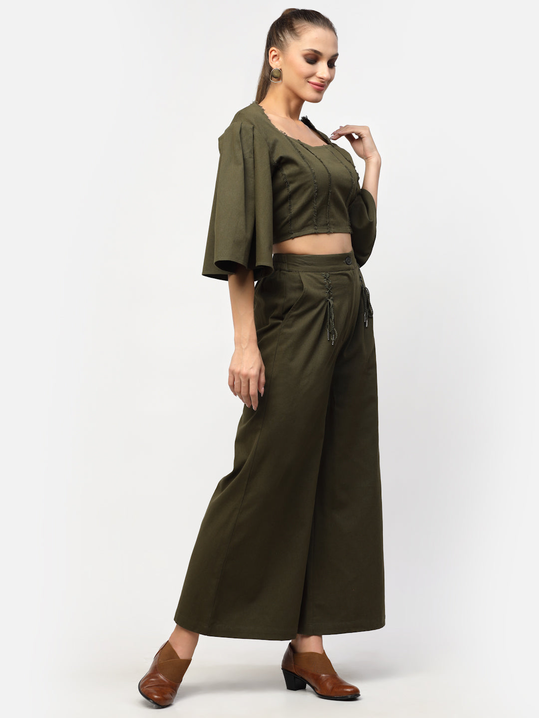 Blanc9 Olive Green Fray Style Cotton Co-Ord Set- B9ST65