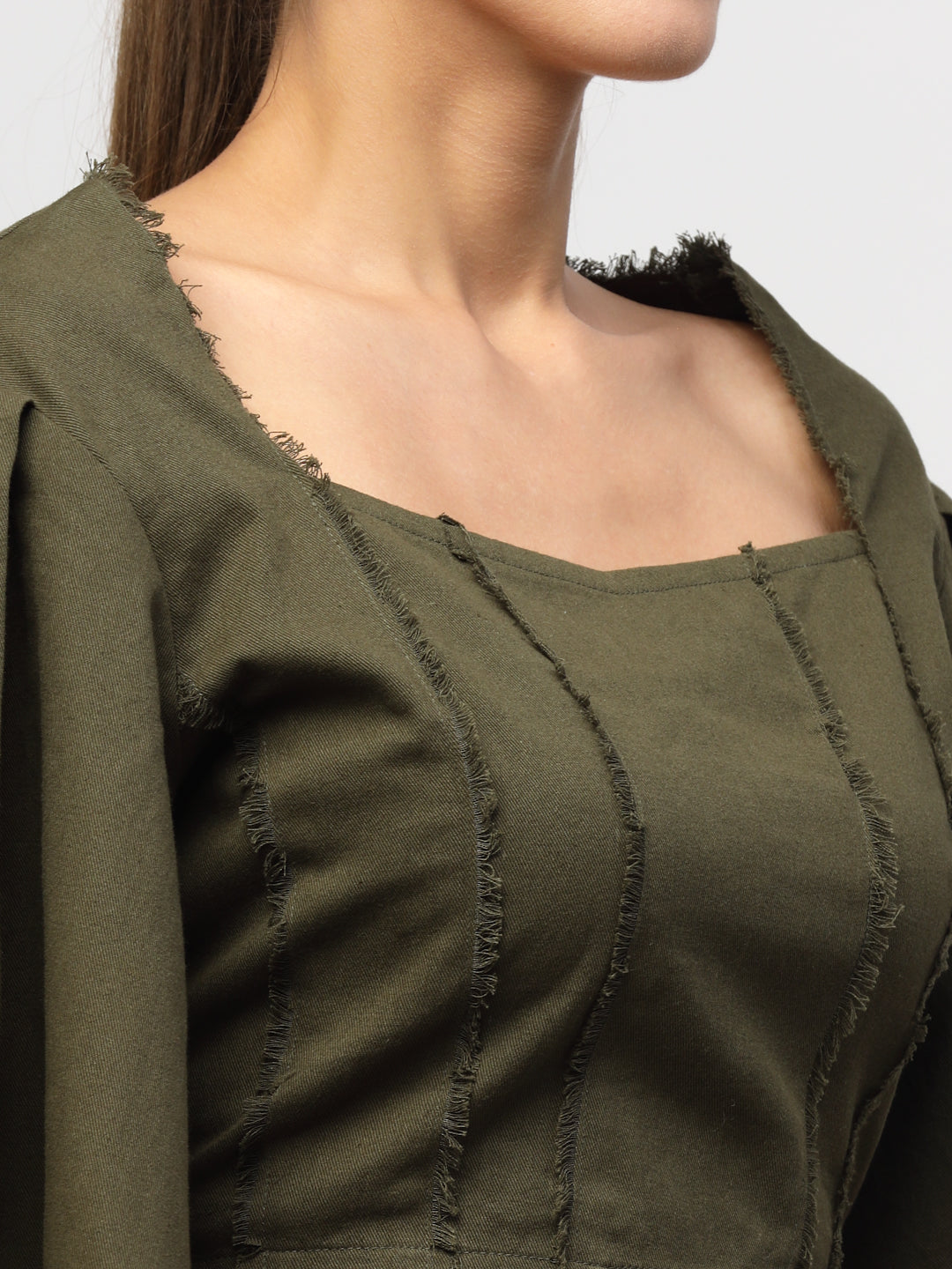 Blanc9 Olive Green Fray Style Cotton Co-Ord Set- B9ST65