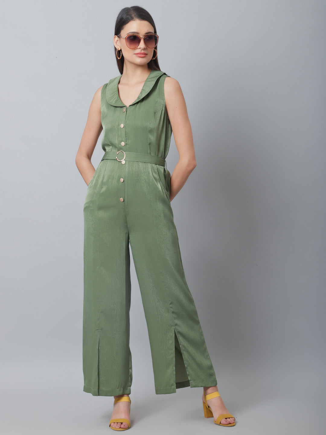 Blanc9 Olive Green Satin Velvet Jumpsuit-B9DR132
