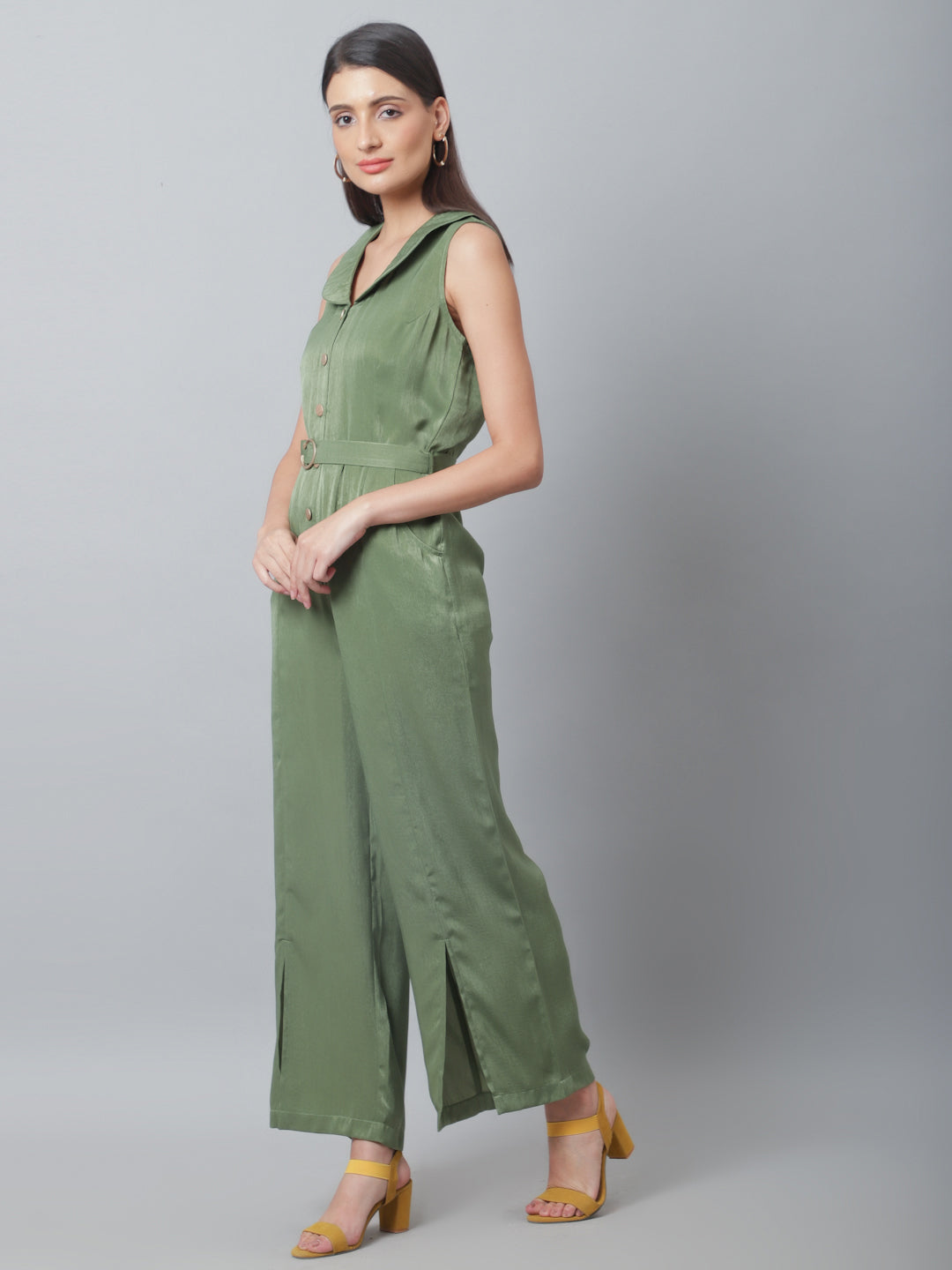 Blanc9 Olive Green Satin Velvet Jumpsuit-B9DR132
