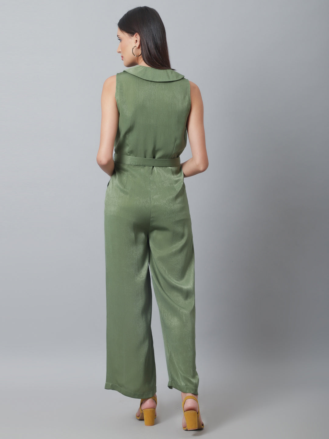 Blanc9 Olive Green Satin Velvet Jumpsuit-B9DR132
