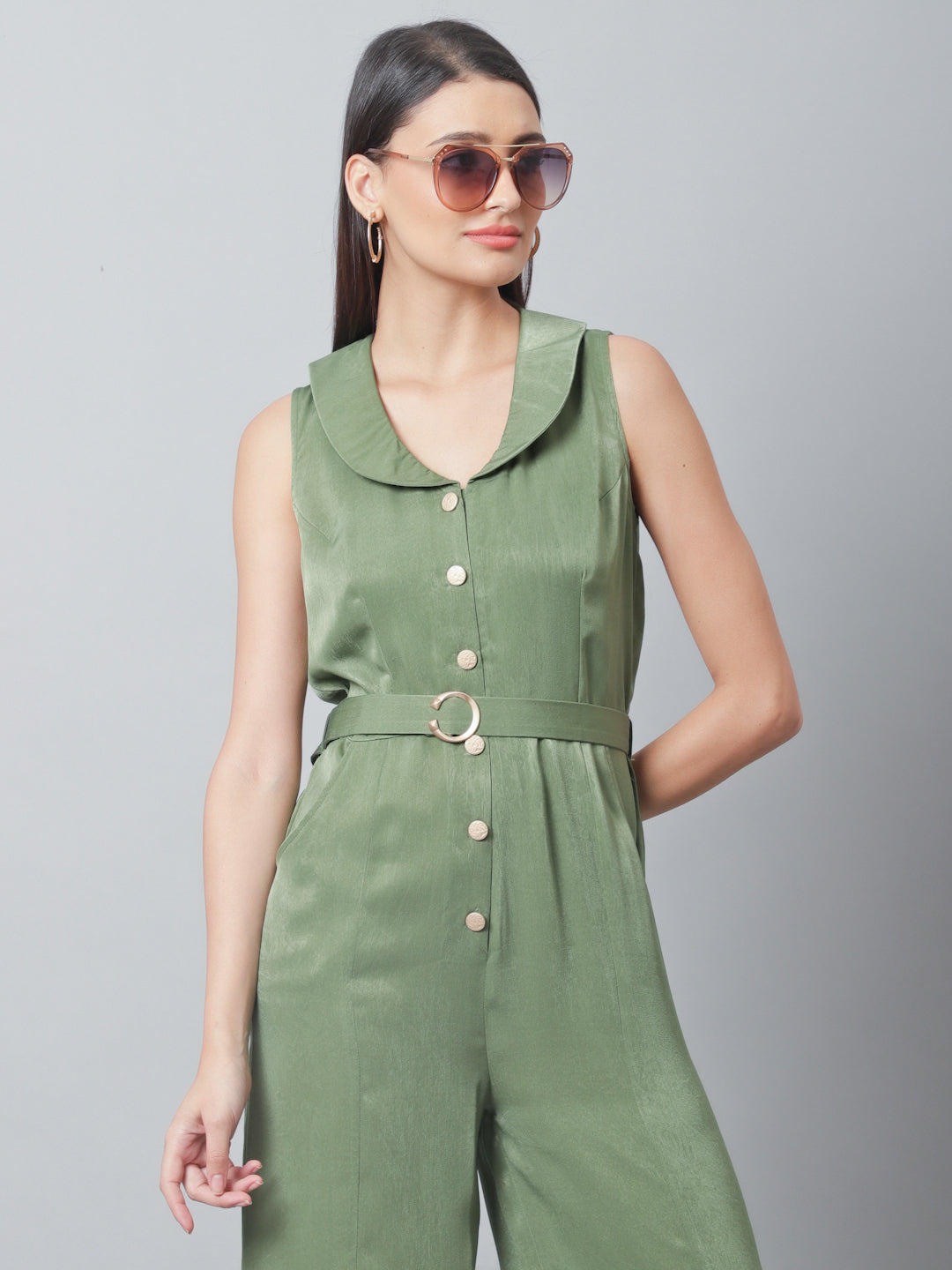 Blanc9 Olive Green Satin Velvet Jumpsuit-B9DR132