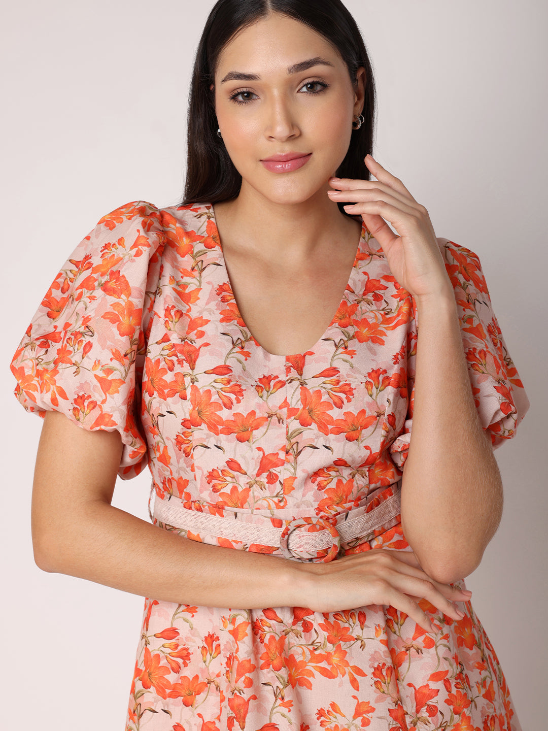 Blanc9OrangeFloralDresswithBelt