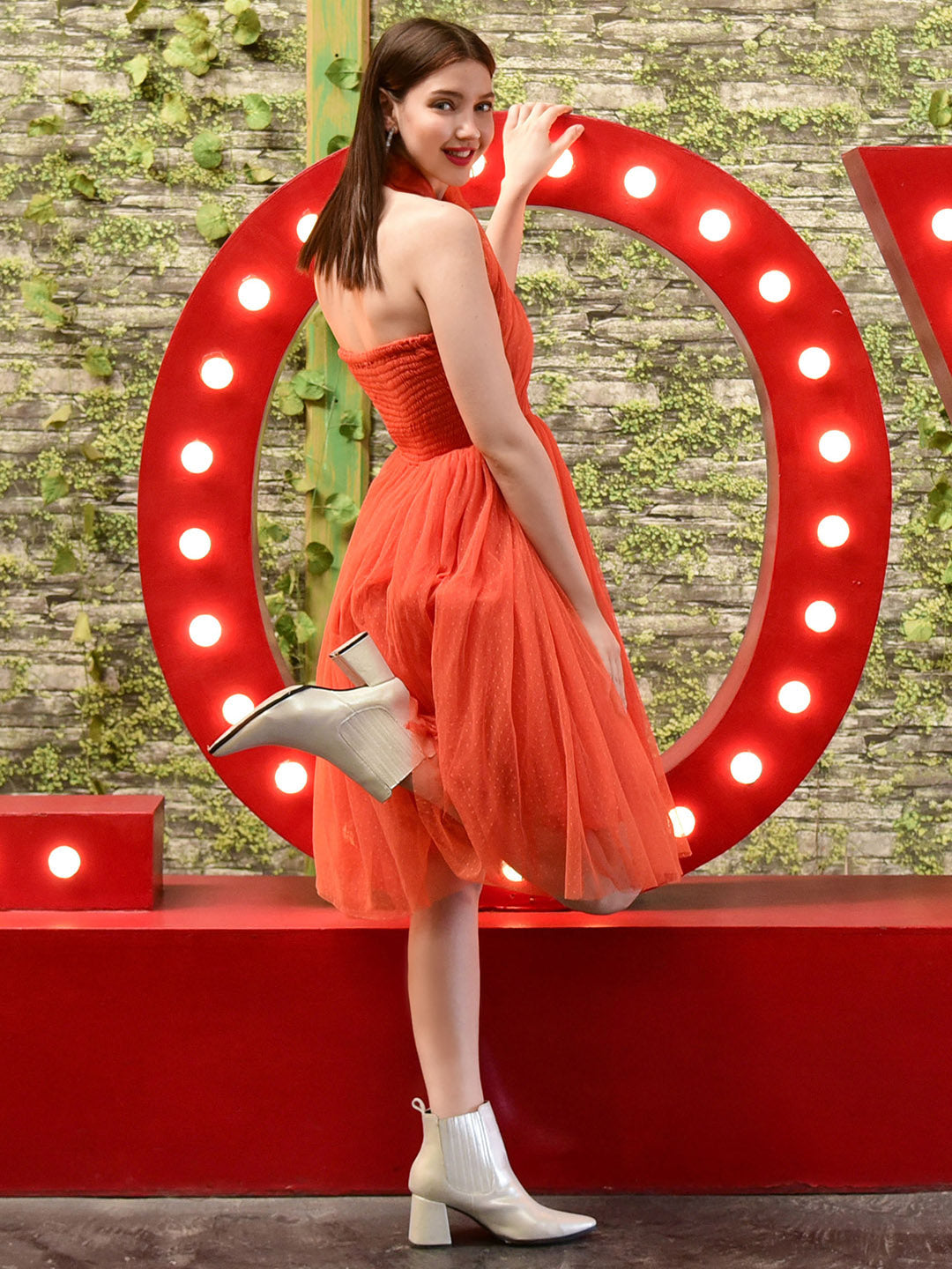 Orange Mesh Flared Dress Orange Mesh Flared Dress