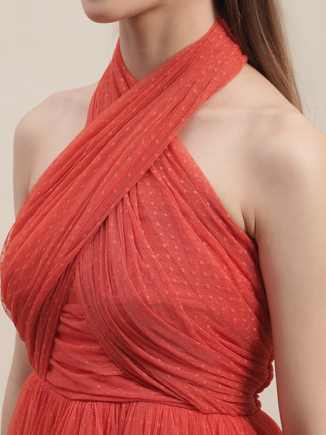 Blanc9 Orange Mesh Flared Dress-B9DR146
