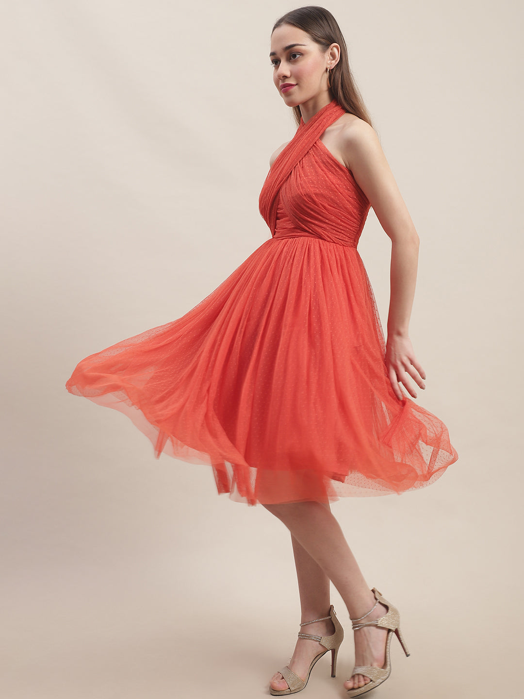 Blanc9 Orange Mesh Flared Dress-B9DR146