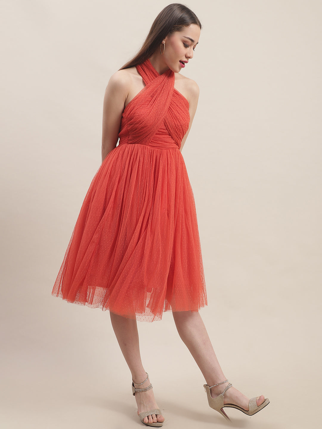 Blanc9 Orange Mesh Flared Dress-B9DR146