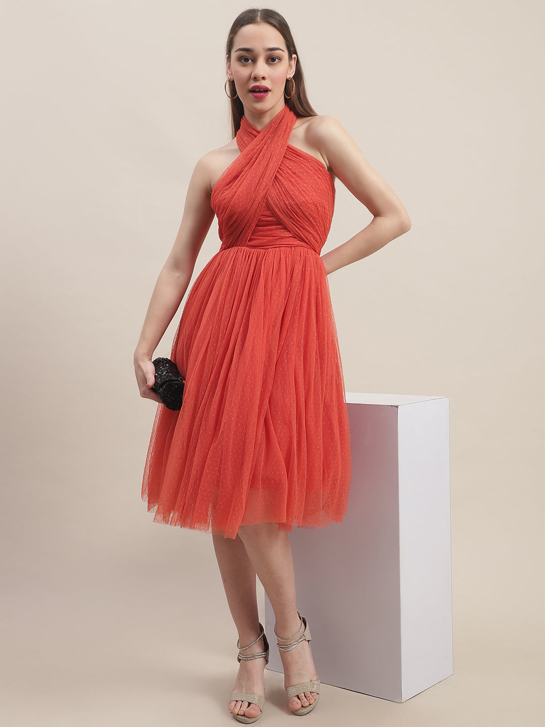 Blanc9 Orange Mesh Flared Dress-B9DR146