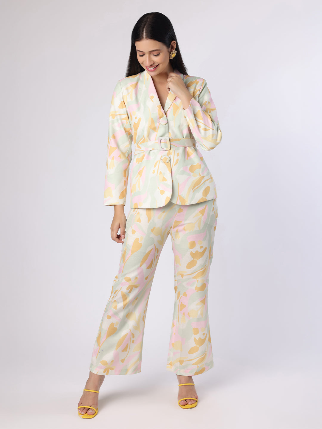 Blanc9 Pastel Abstract Printed Blazer-Trouser Set