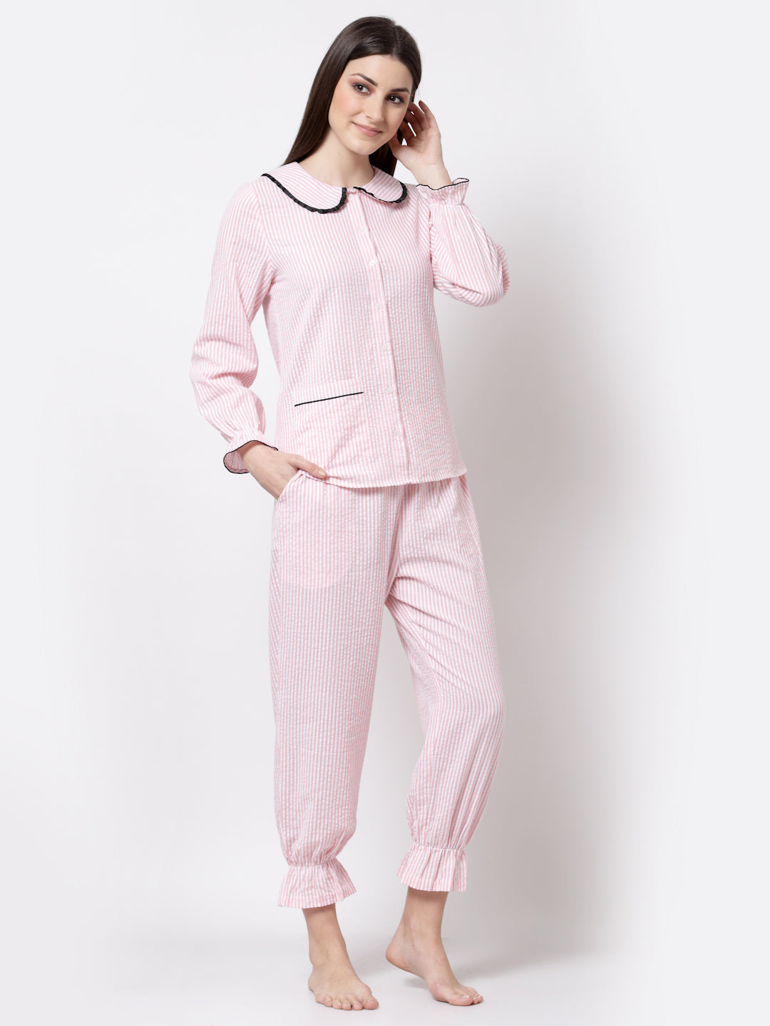 Blanc9 Peach And White Striper Cotton Pyjama Night Suit-B9NW36