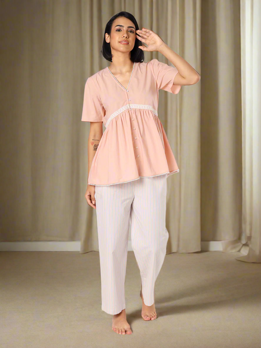 Peach Lace Detail Top With Striper Pyjamas Nightwear