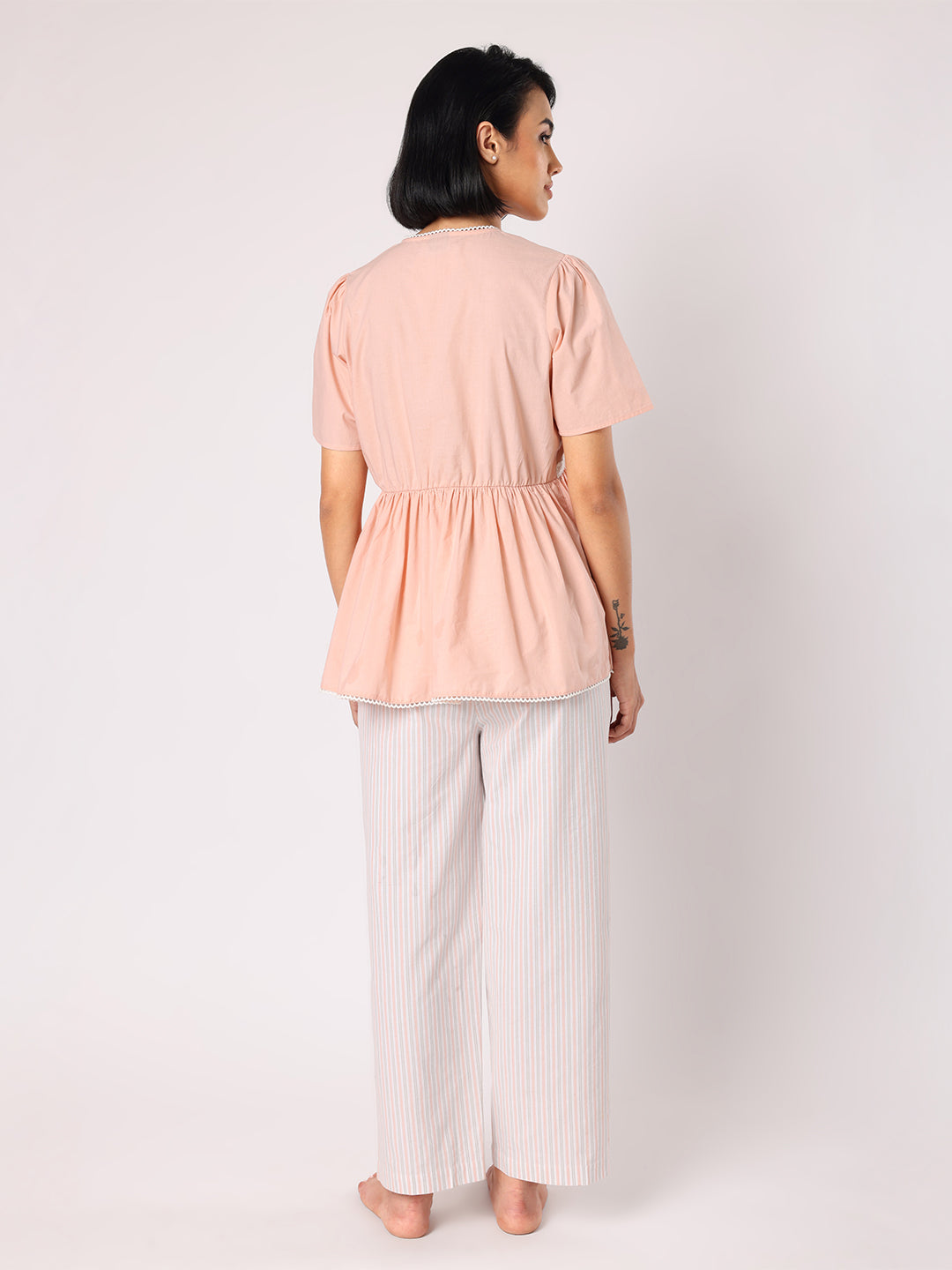 Blanc9 Women  Peach Lace Detail Top With Striper Pyjamas Nightwear