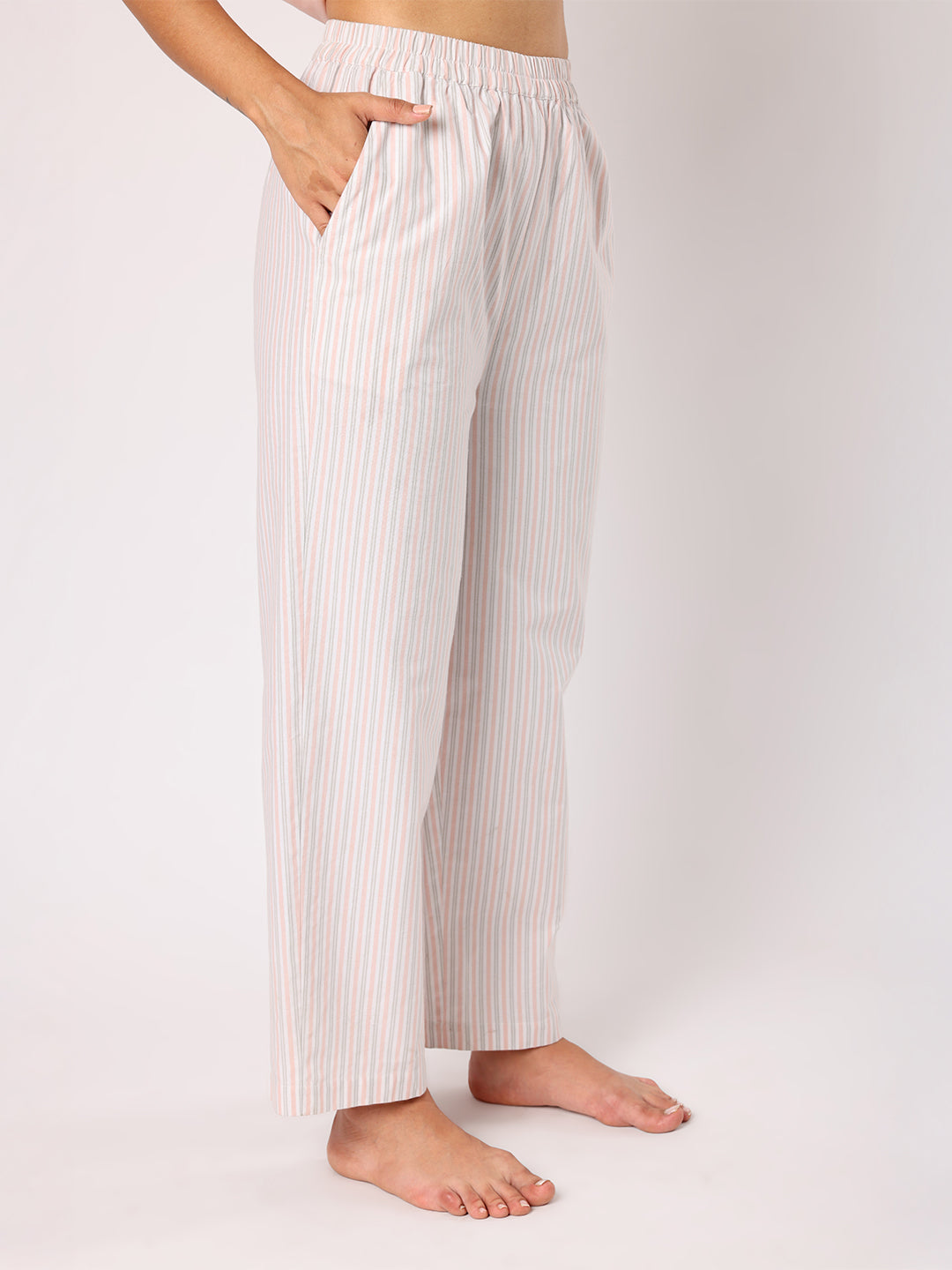 Blanc9 Women  Peach Lace Detail Top With Striper Pyjamas Nightwear
