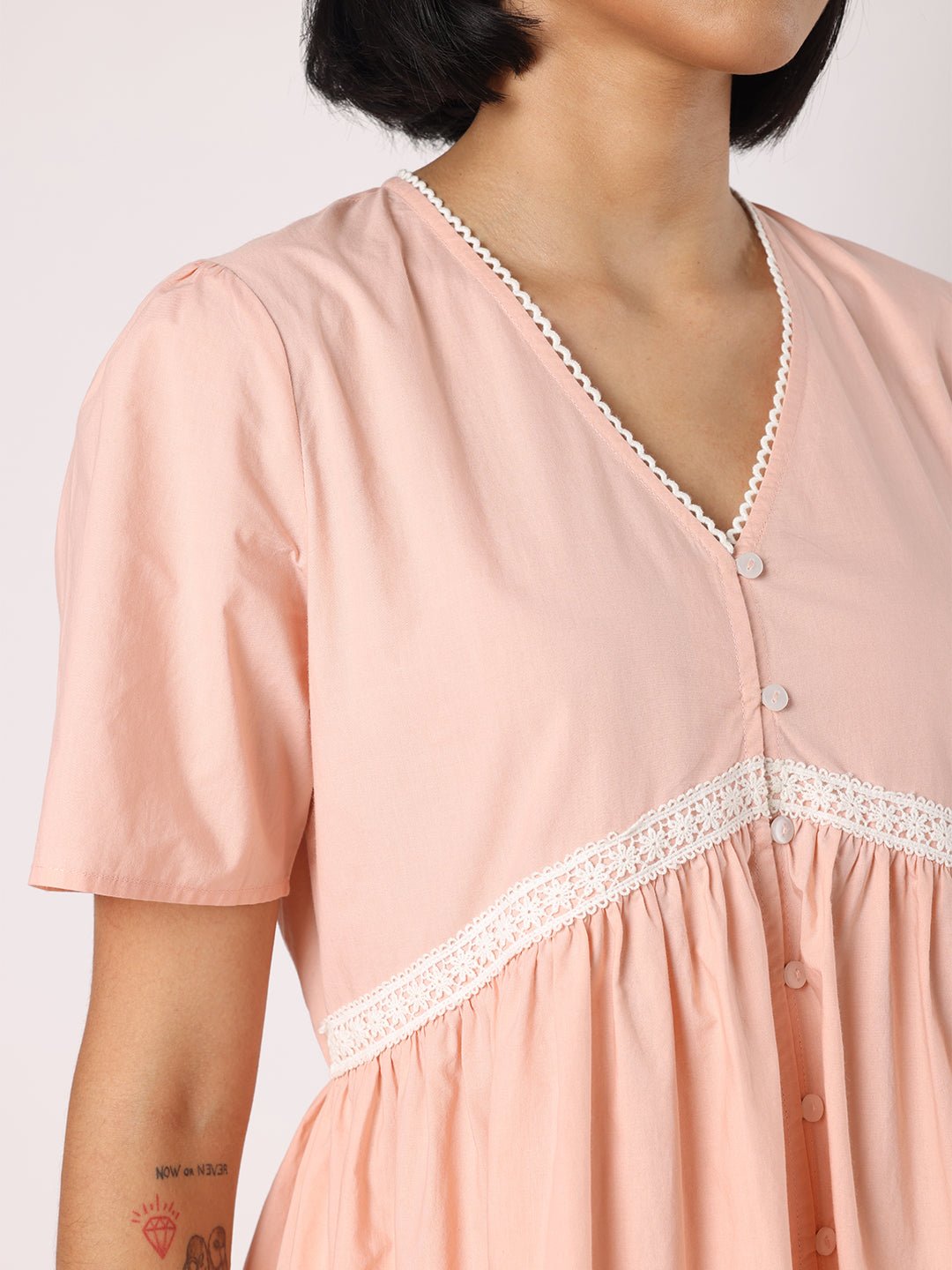 Blanc9 Women  Peach Lace Detail Top With Striper Pyjamas Nightwear