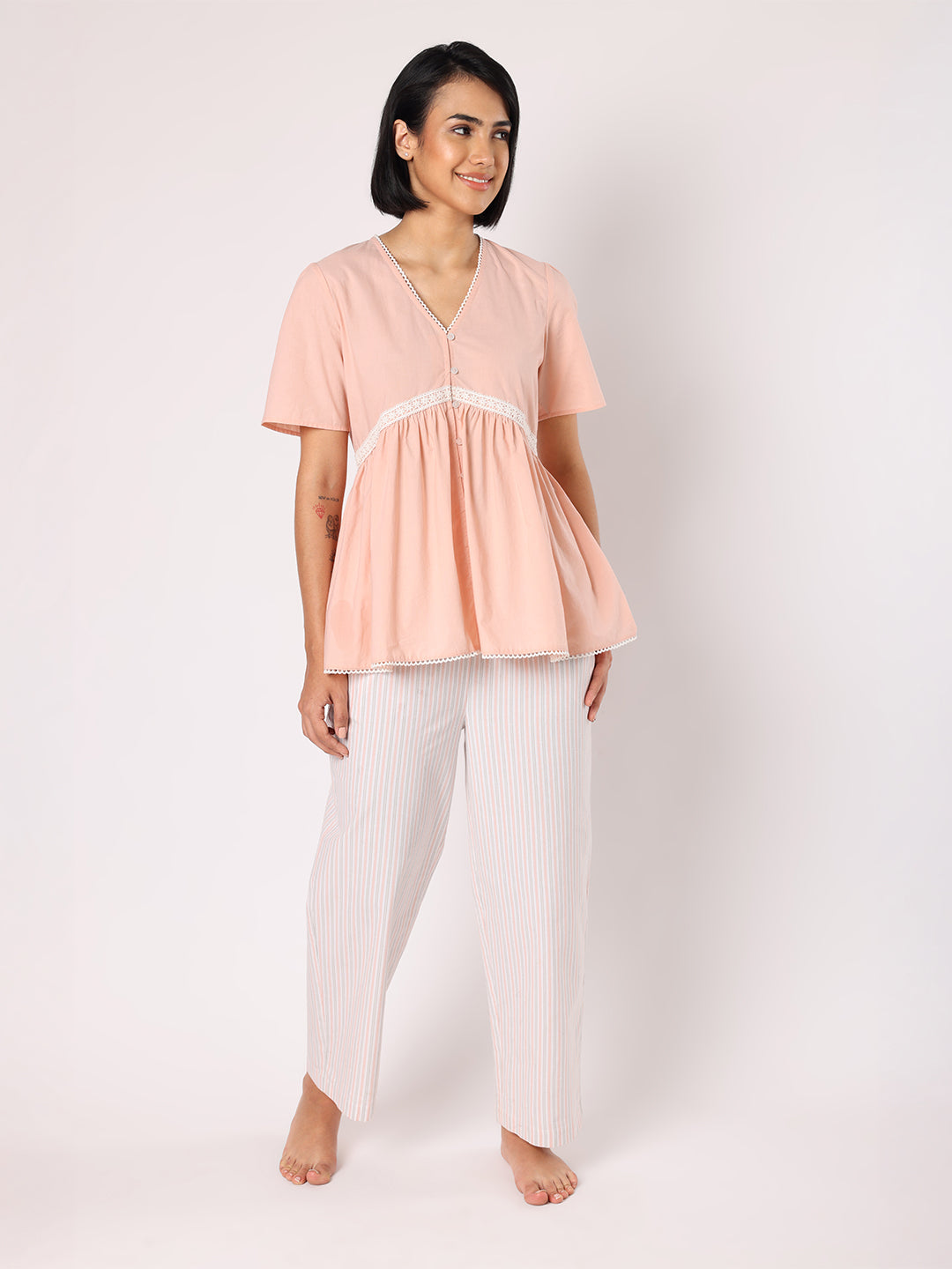 Blanc9 Women  Peach Lace Detail Top With Striper Pyjamas Nightwear