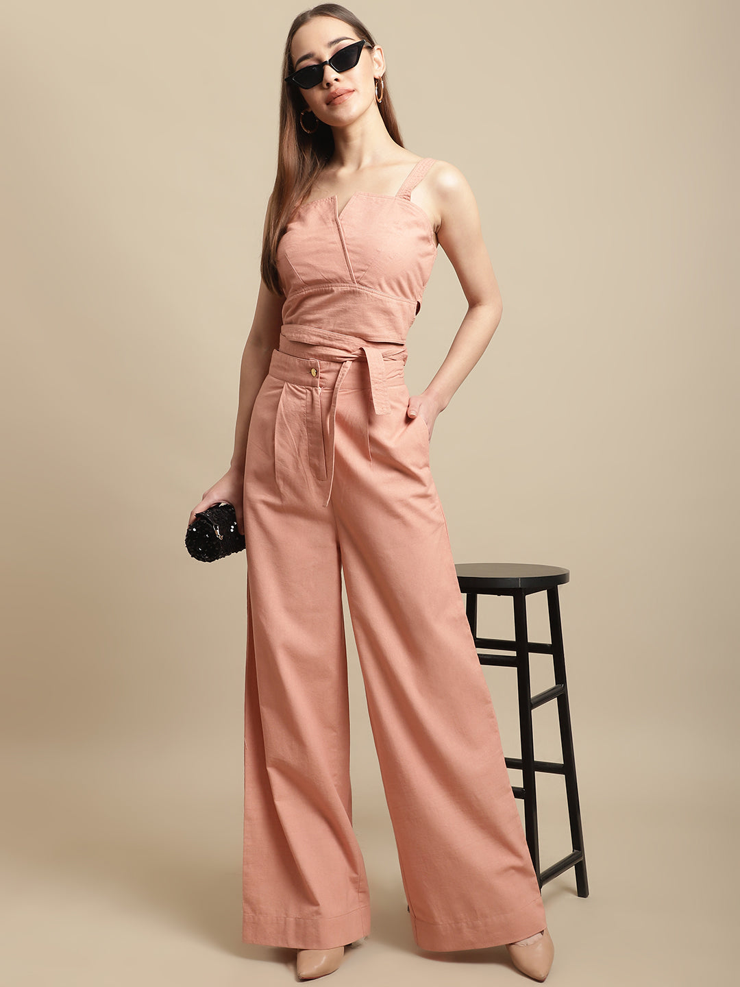 Blanc9 Peach Strappy Top With Long Pants Co-Ord Set-B9ST103