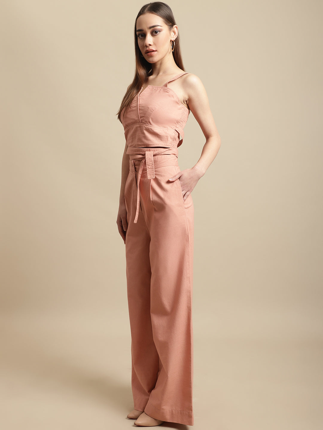 Blanc9 Peach Strappy Top With Long Pants Co-Ord Set-B9ST103