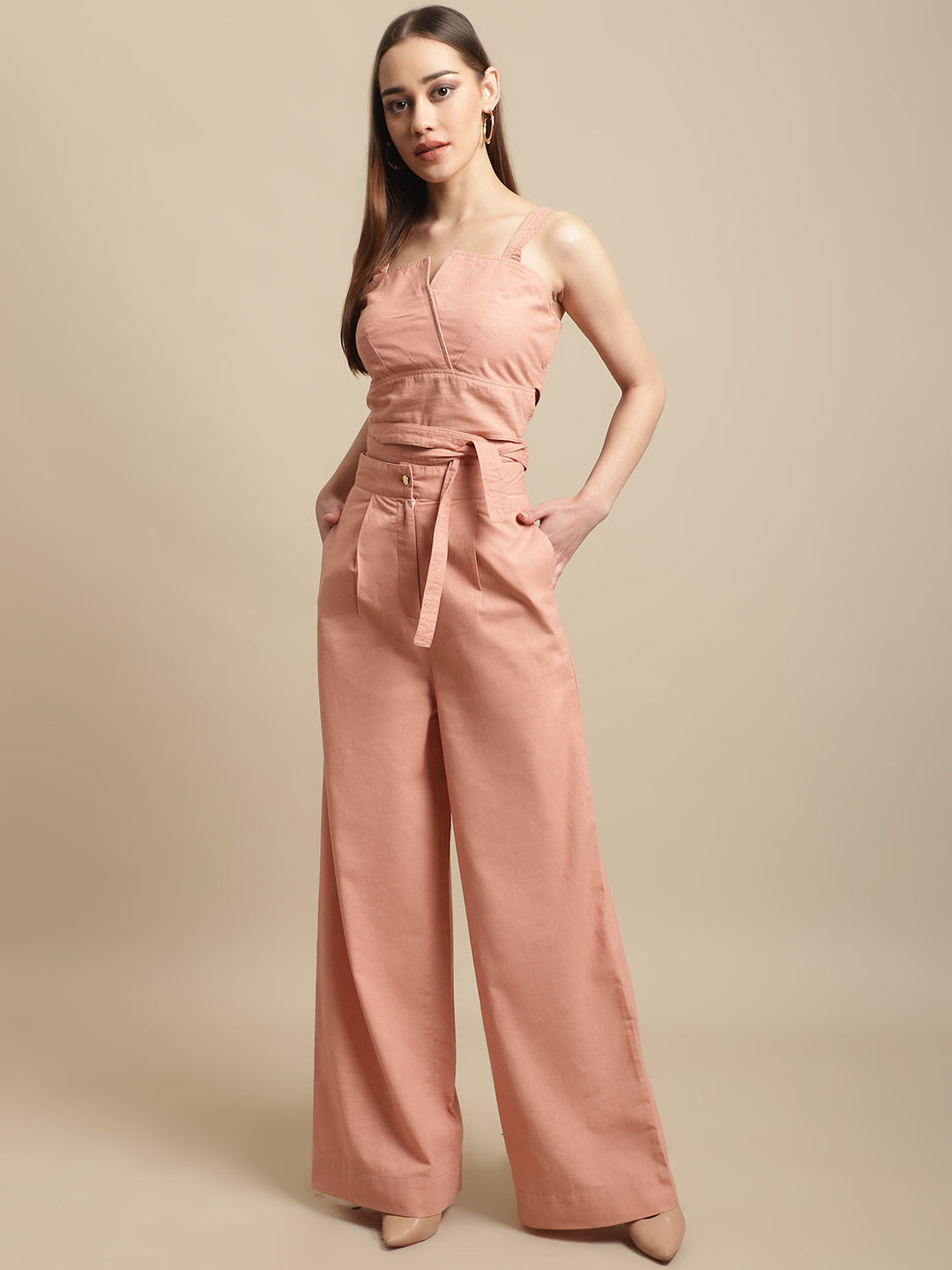 Blanc9 Peach Strappy Top With Long Pants Co-Ord Set-B9ST103