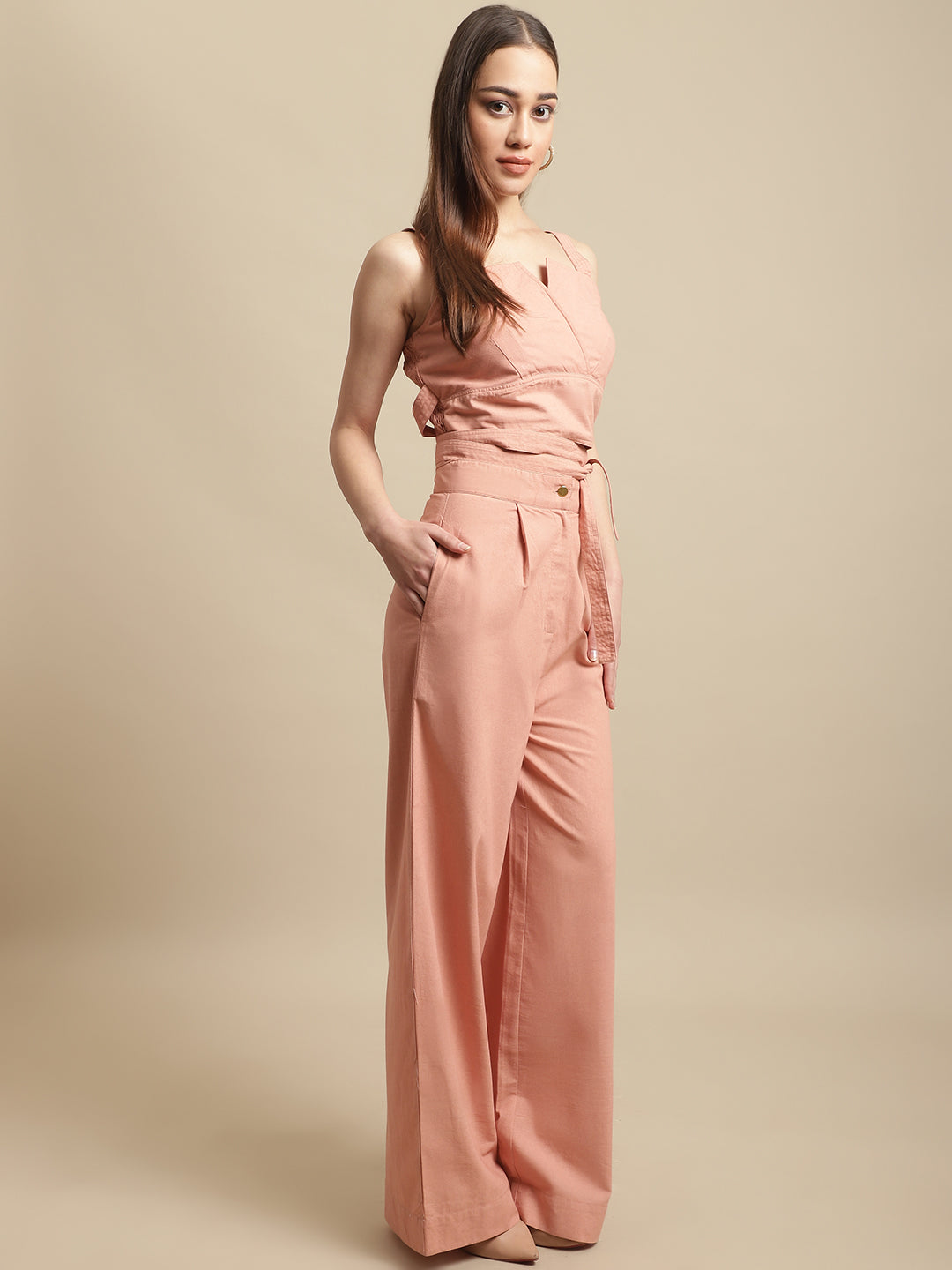 Blanc9 Peach Strappy Top With Long Pants Co-Ord Set-B9ST103