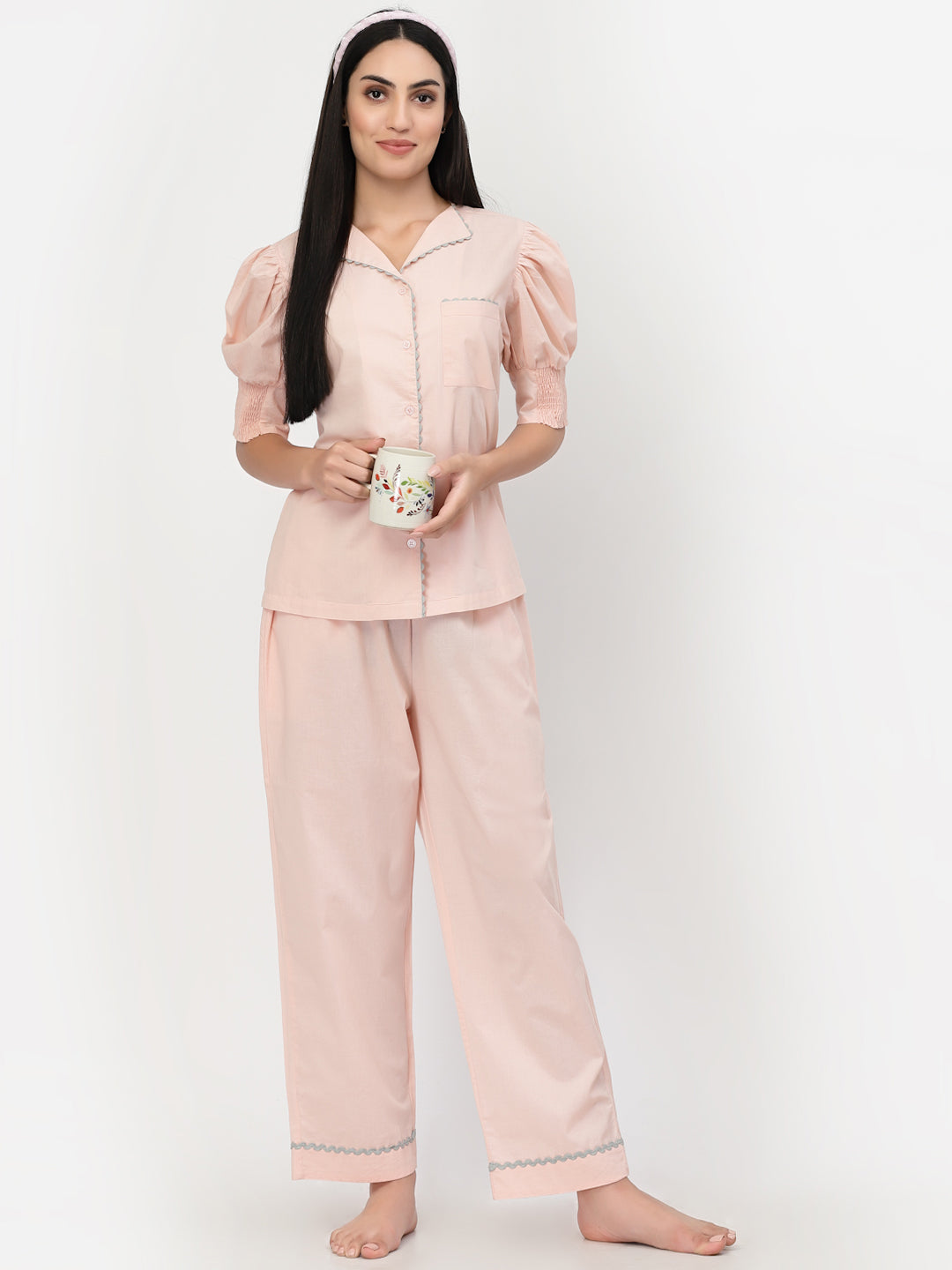 Blanc9 Peach With Brown Lace Cotton Pyjama Night Suit-B9NW33P