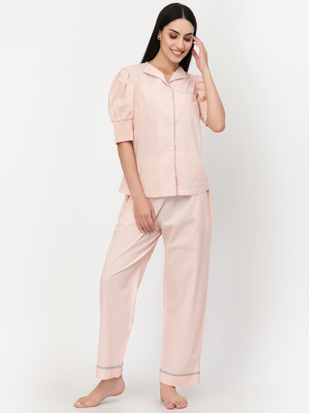 Blanc9 Peach With Brown Lace Cotton Pyjama Night Suit-B9NW33P