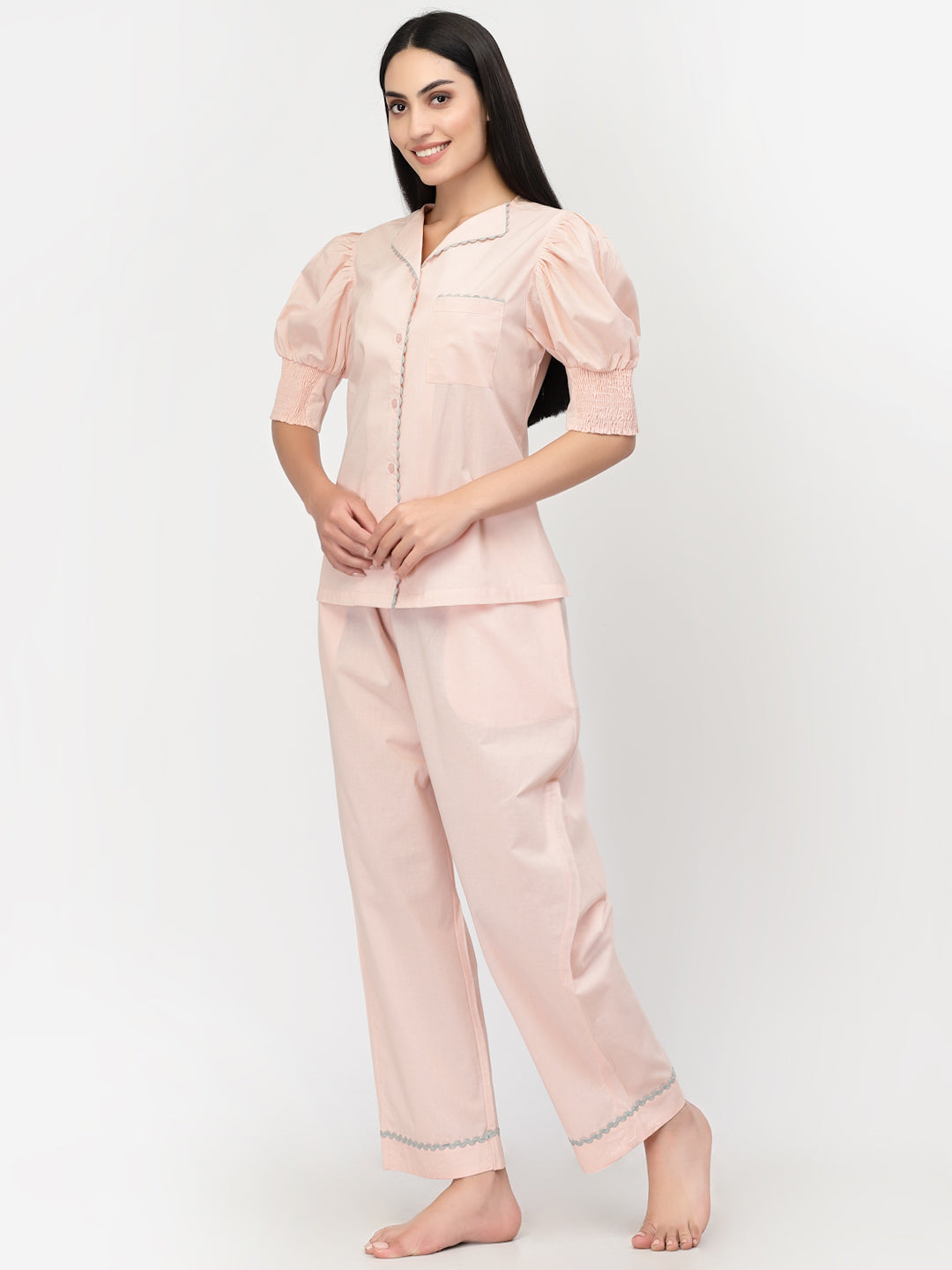 Blanc9 Peach With Brown Lace Cotton Pyjama Night Suit-B9NW33P